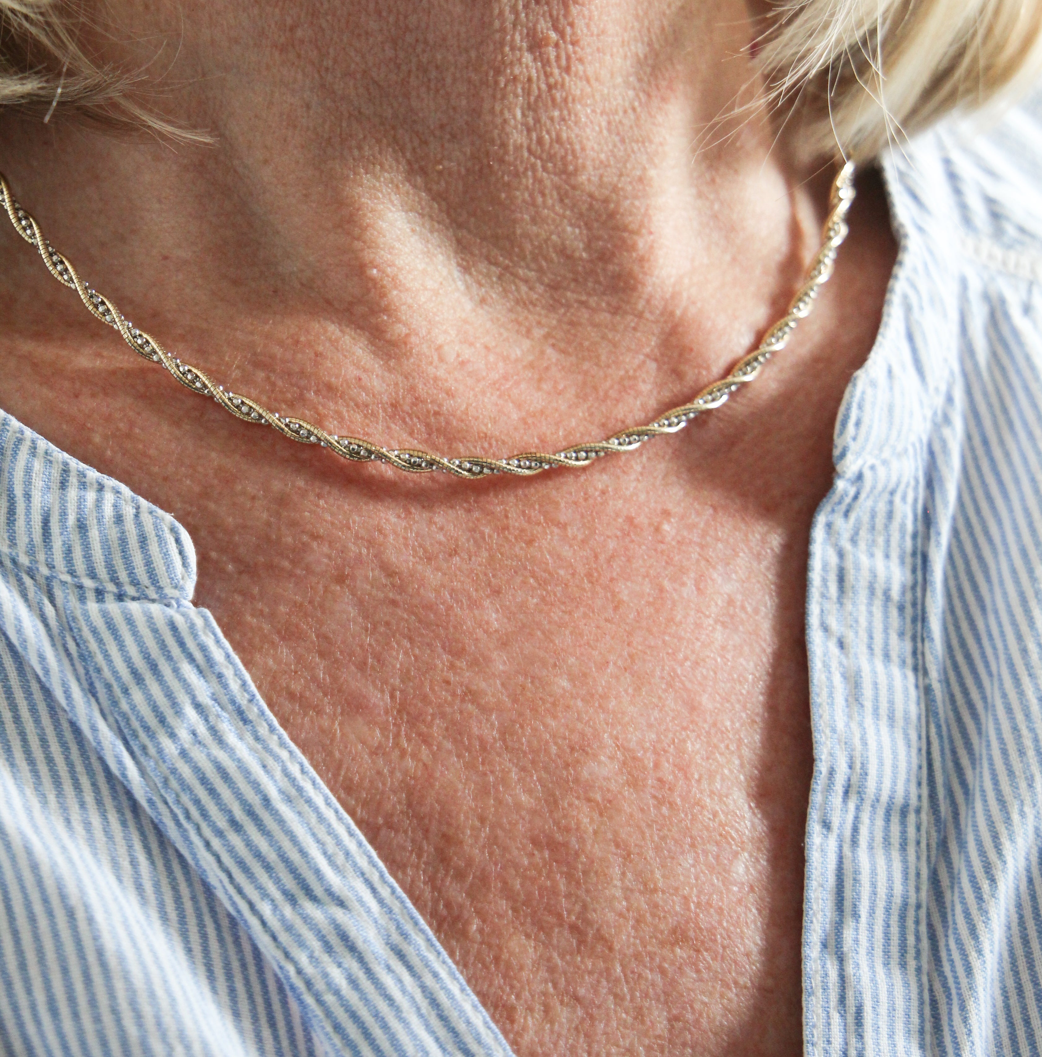 Silver & Gold Twisted Herringbone Torc Necklace