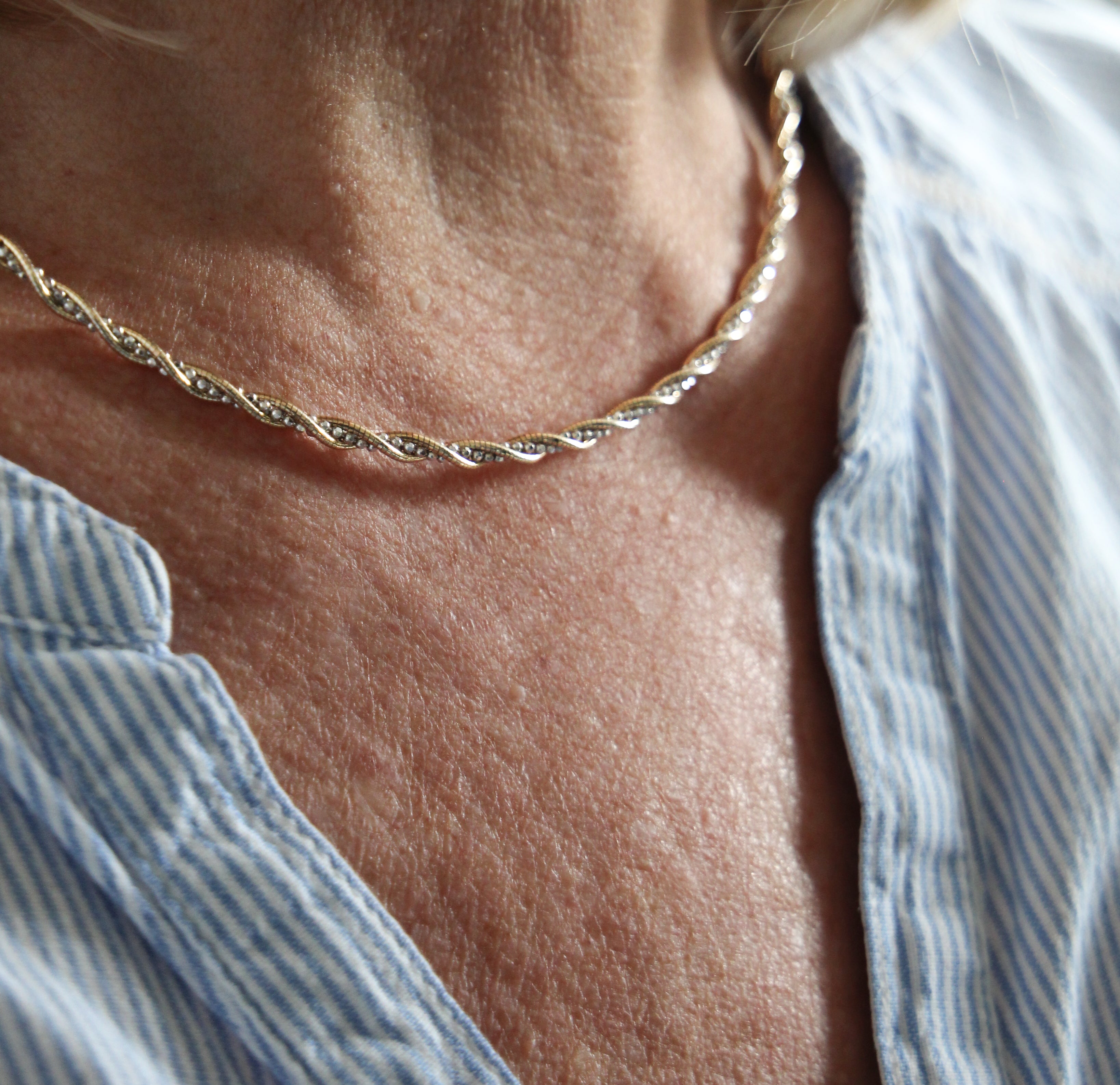 Silver & Gold Twisted Herringbone Torc Necklace