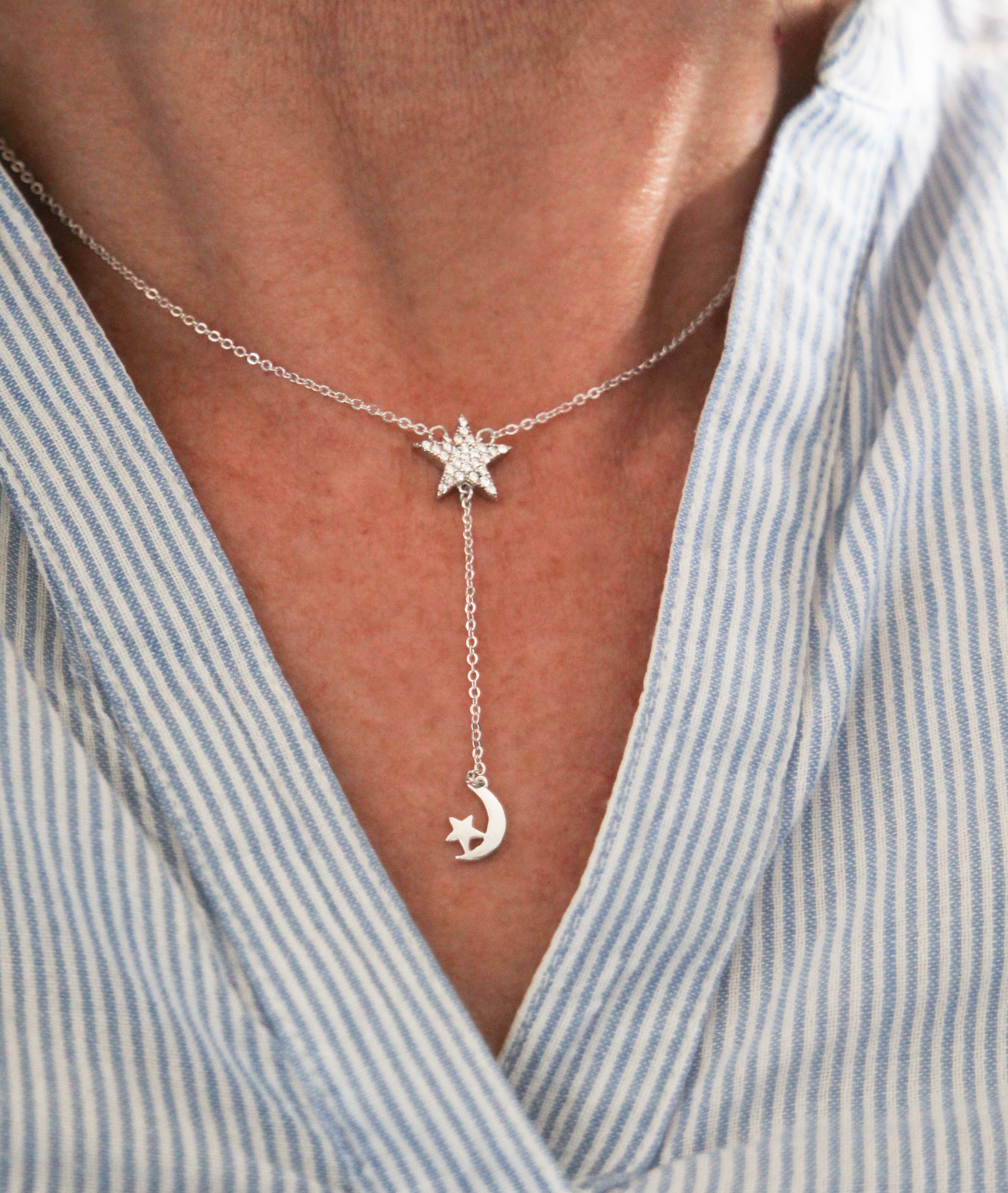 Star & Moon Lariat Necklace in 925 Silver