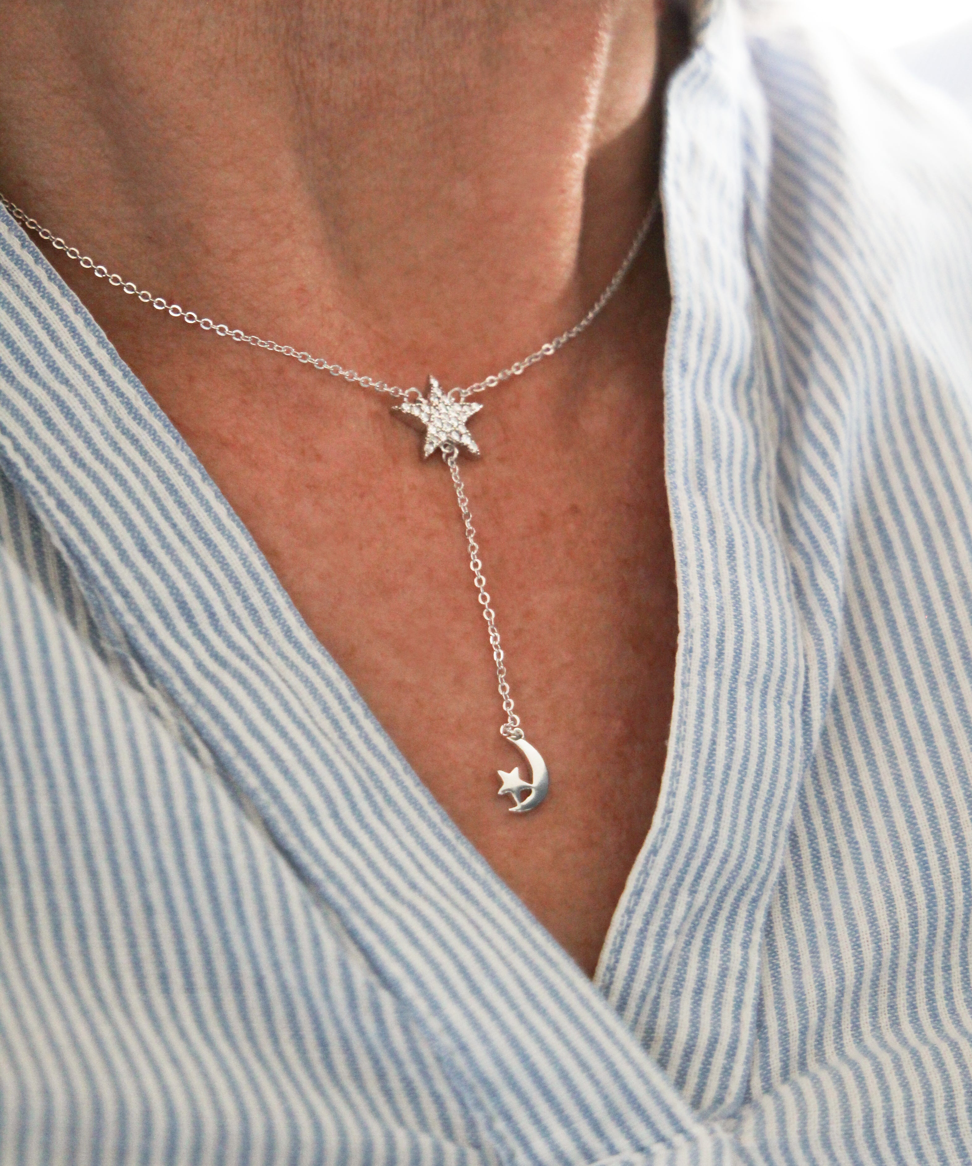 Star & Moon Lariat Necklace in 925 Silver
