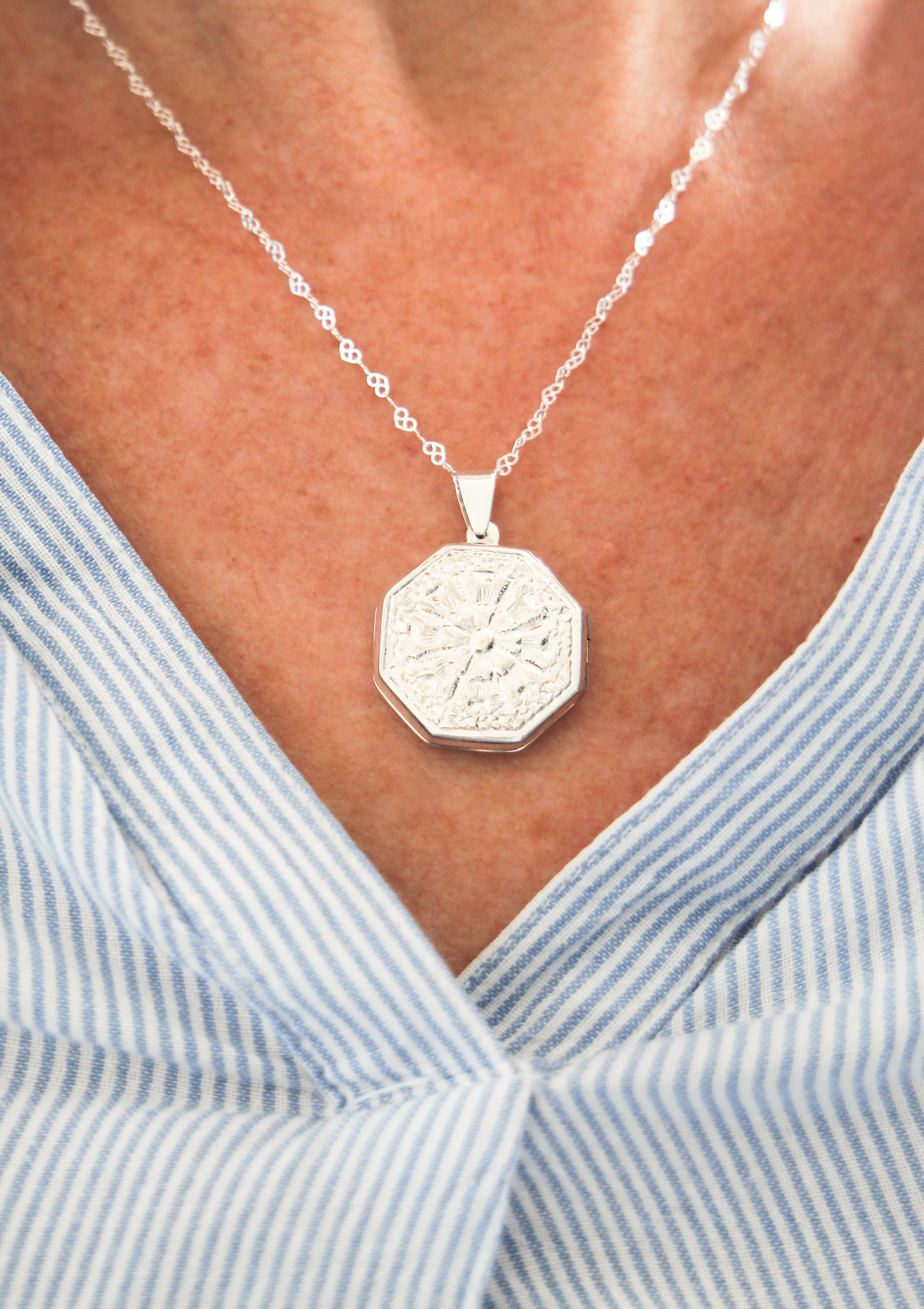 Engraved Octagon Locket Pendant in 925 Silver