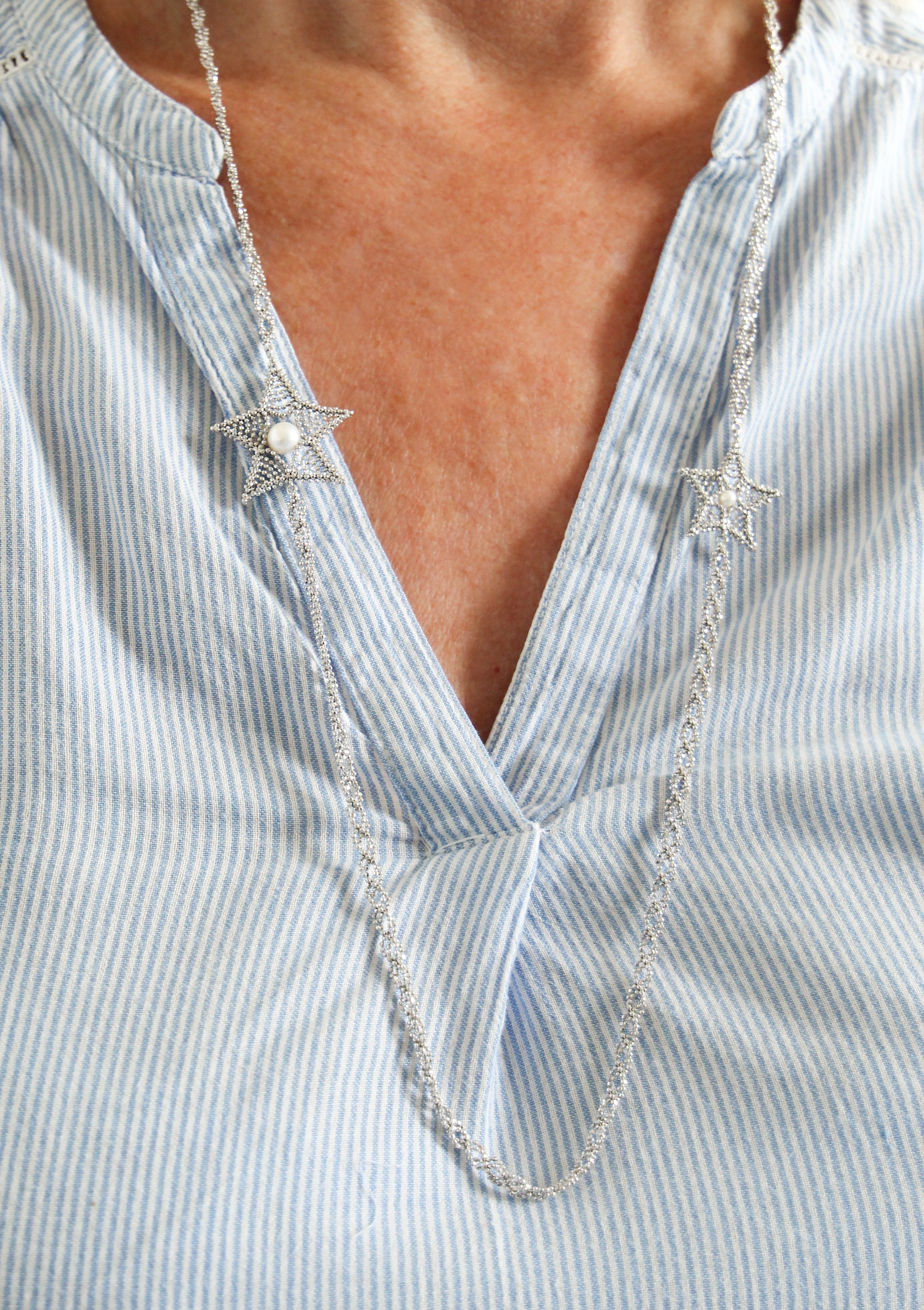 Long Star & Pearl Filigree Necklace in 925 Silver