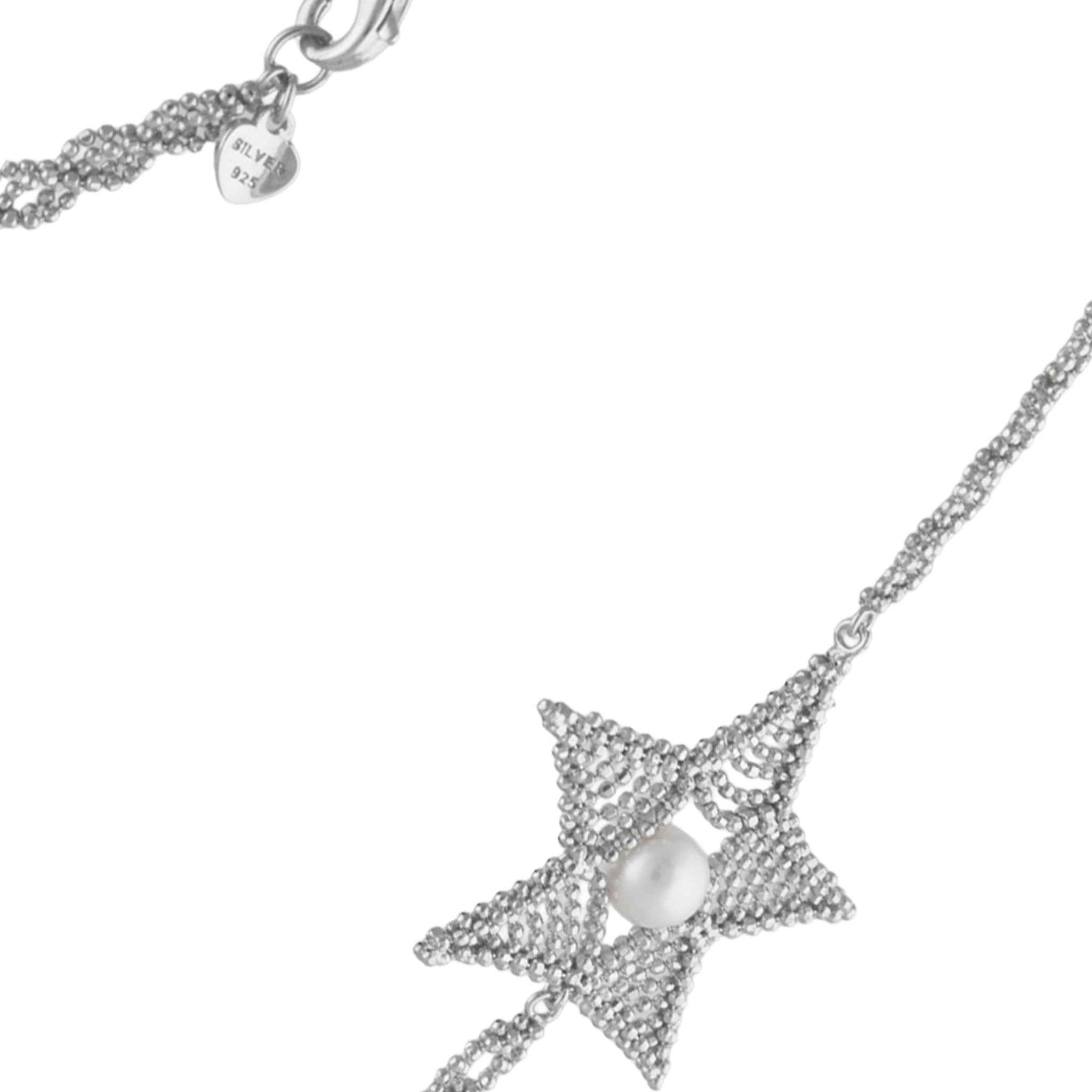 Long Star & Pearl Filigree Necklace in 925 Silver