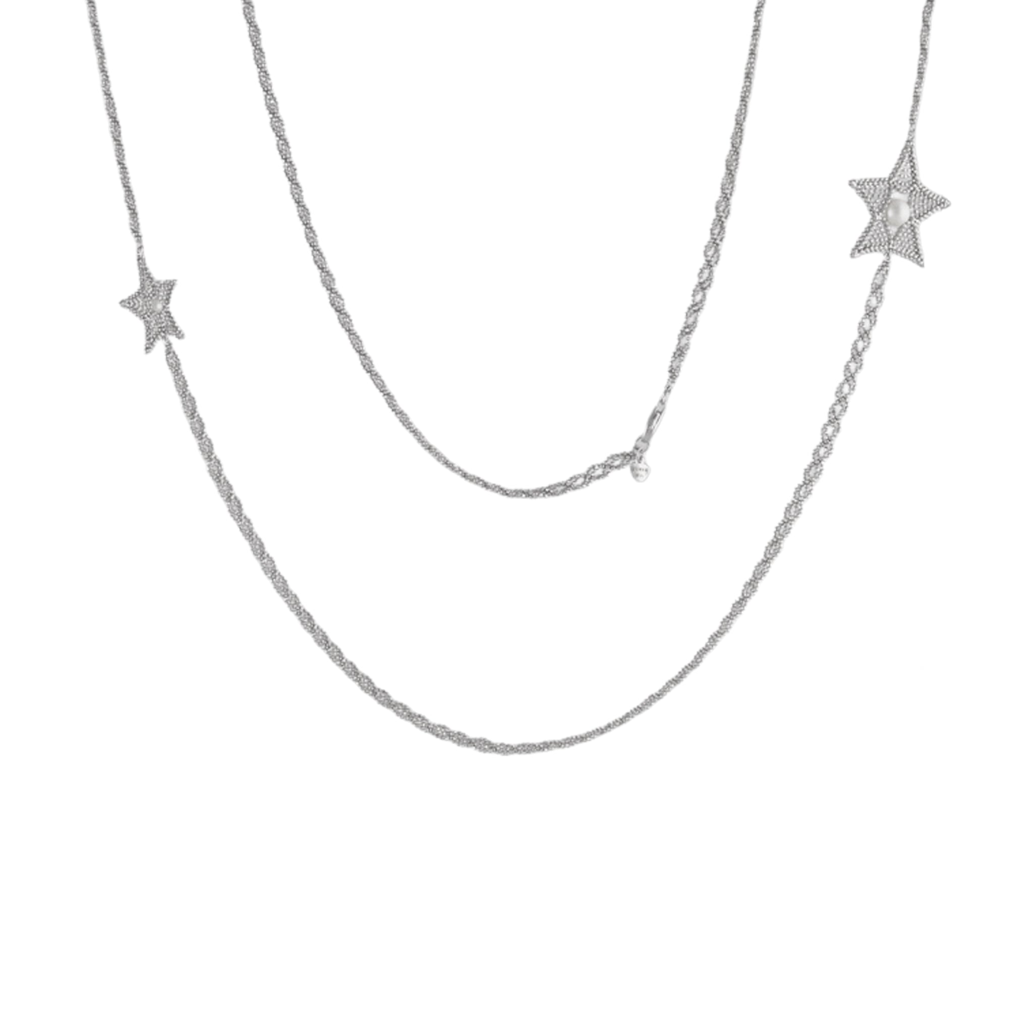 Long Star & Pearl Filigree Necklace in 925 Silver