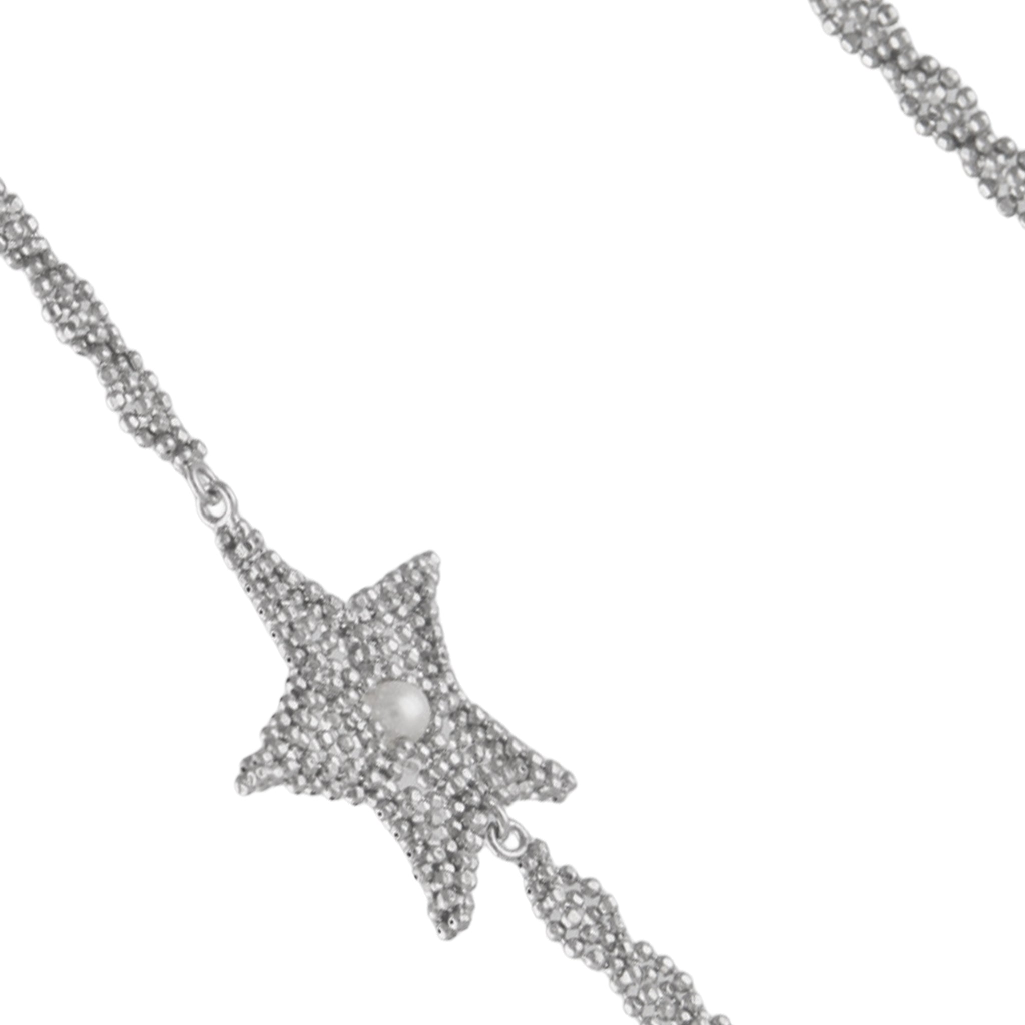 Long Star & Pearl Filigree Necklace in 925 Silver