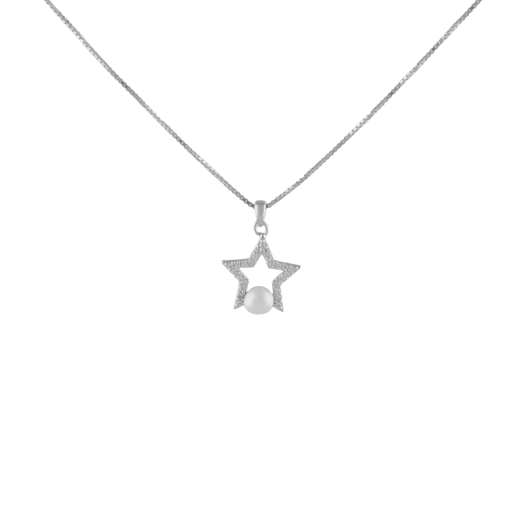 Sparkling Star & Freshwater Pearl Necklace in 925 Silver