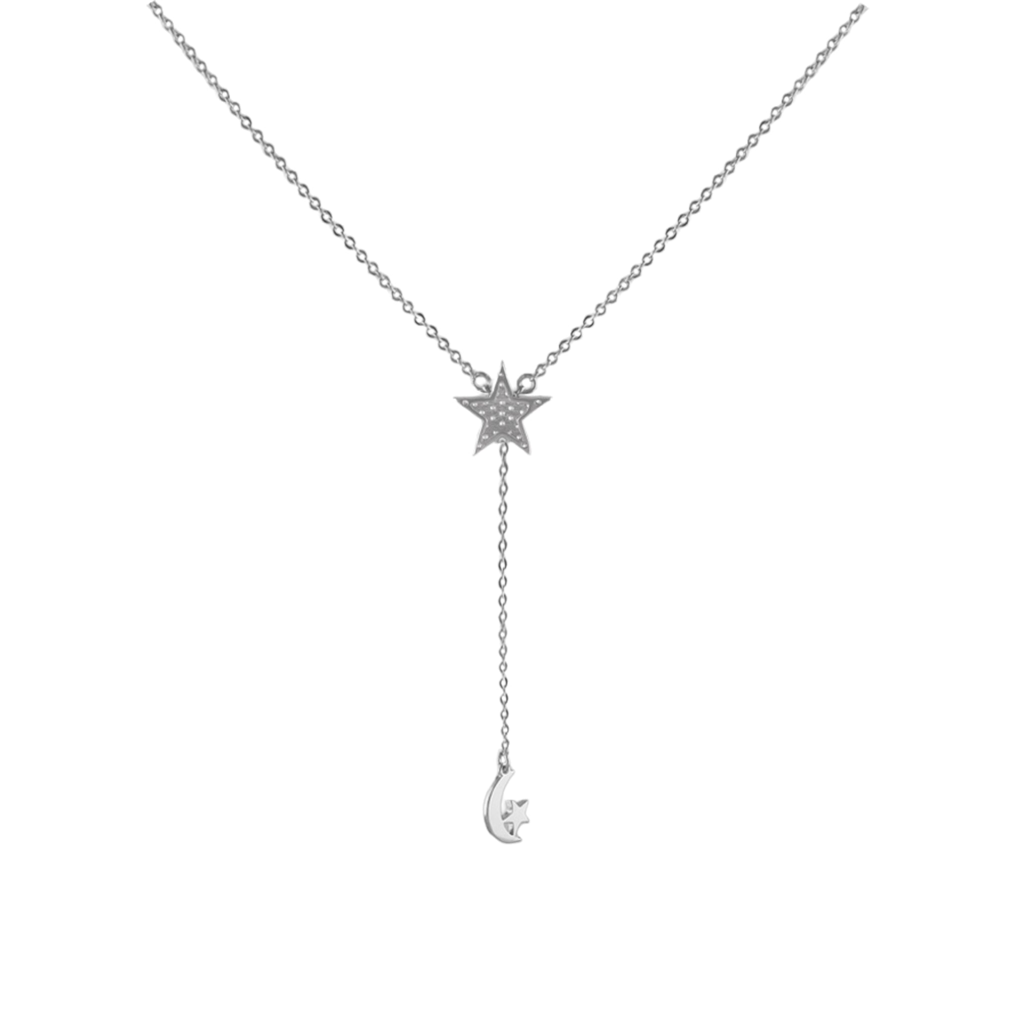 Star & Moon Lariat Necklace in 925 Silver
