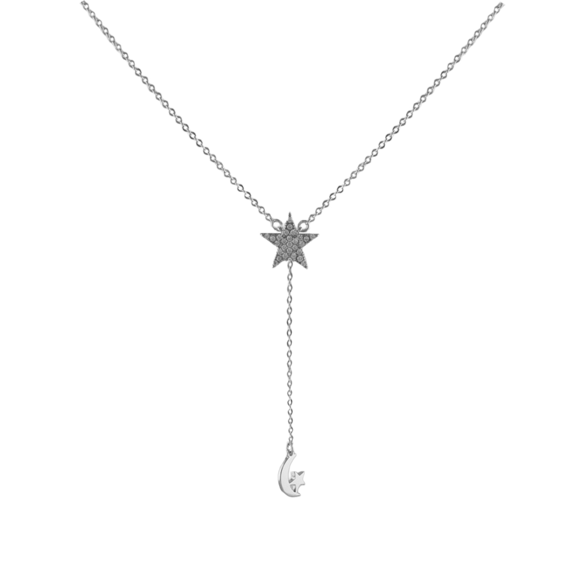 Star & Moon Lariat Necklace in 925 Silver