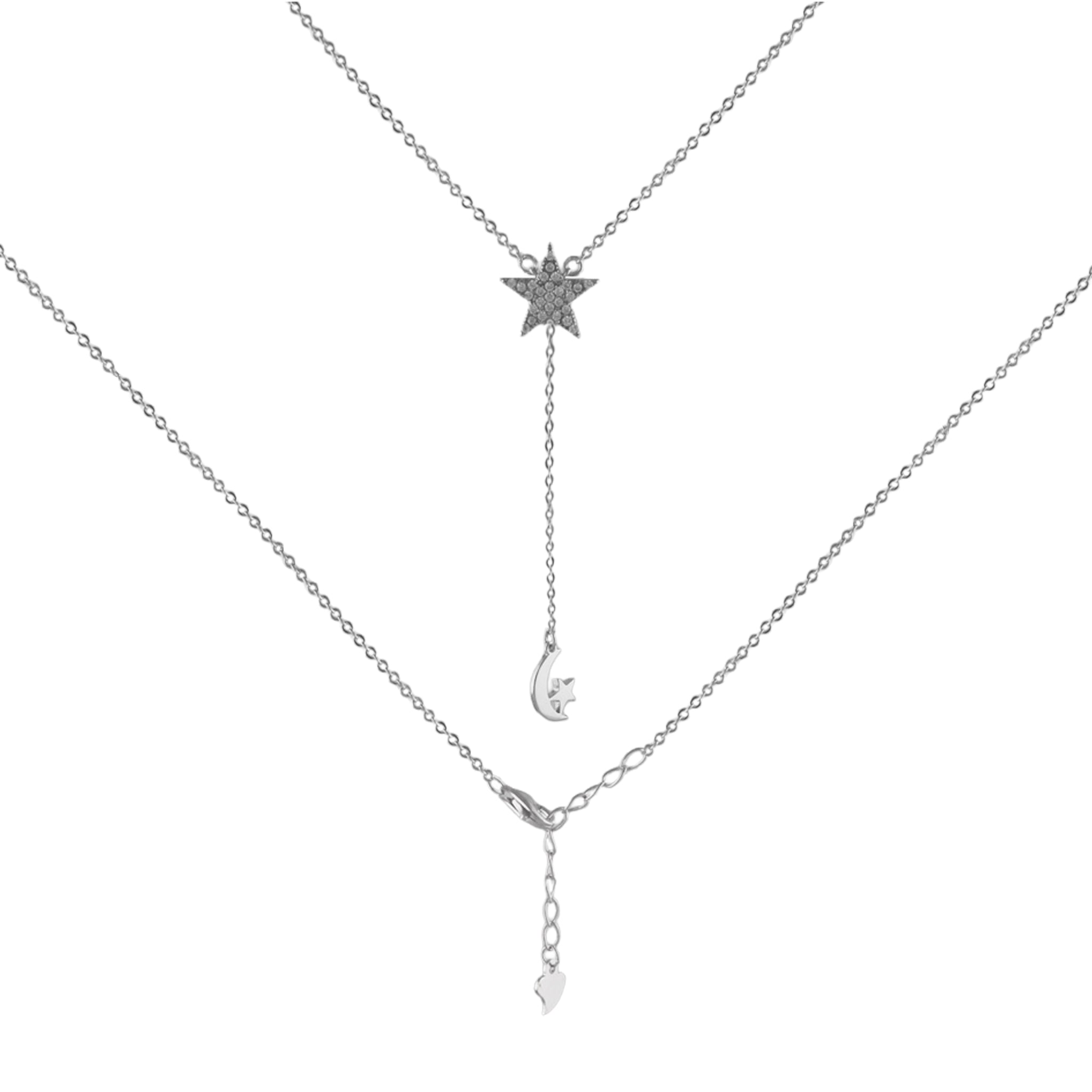Star & Moon Lariat Necklace in 925 Silver
