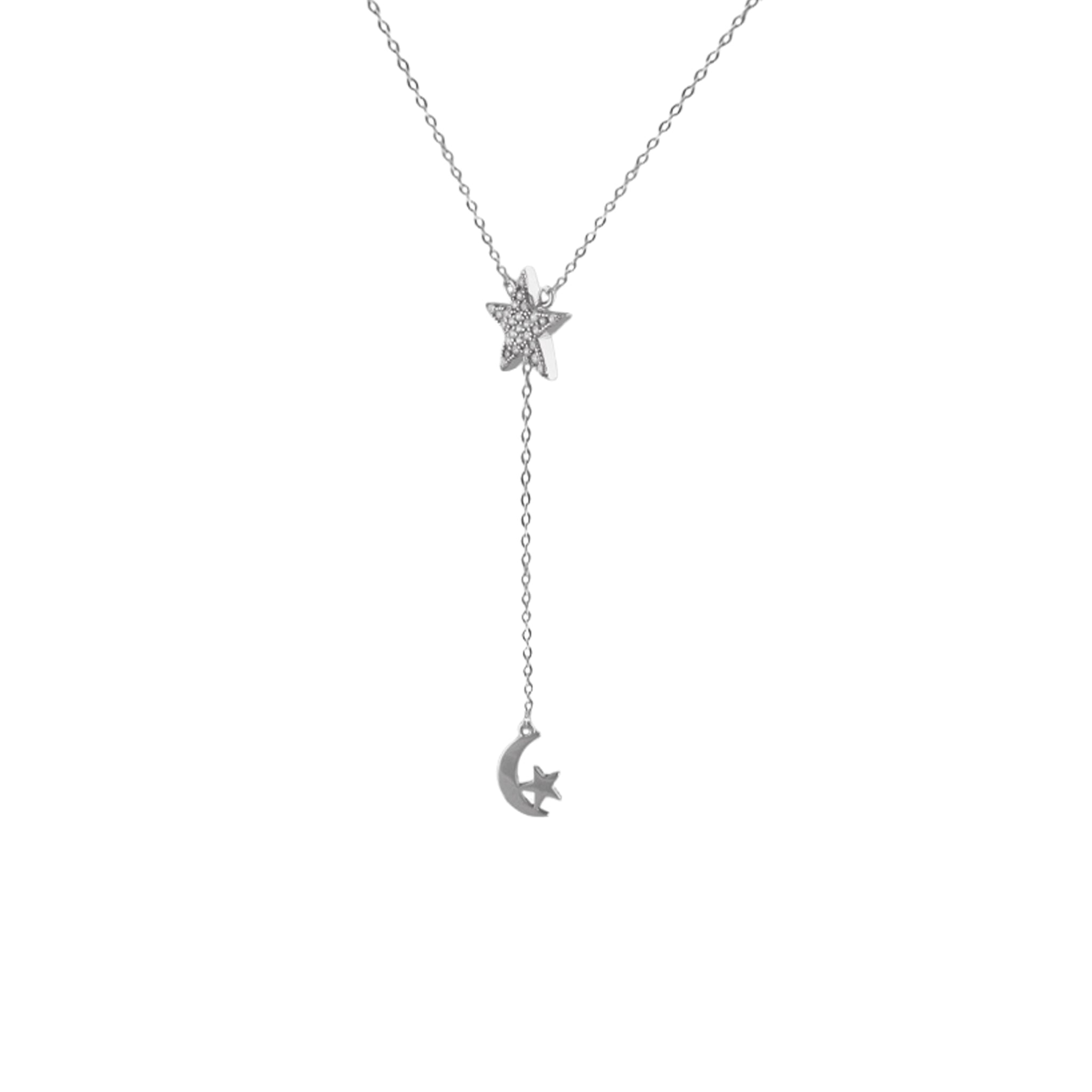 Star & Moon Lariat Necklace in 925 Silver
